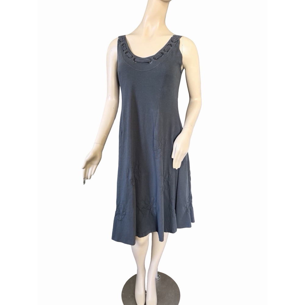 Sandwich Gray Midi Grommet Neckline Embroidered Dress M•Lagenlook Whimsigoth Y2K